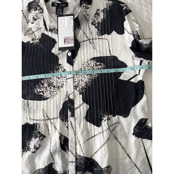 Alison Sheri Long Sleeve Button-Up Blouse S/P Black & White Abstract Print Polye - Picture 8 of 10